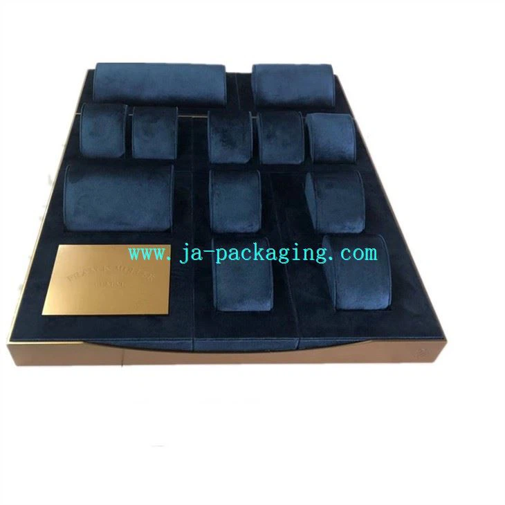 Brass Metal And Blue Velvet Watch Tray Set